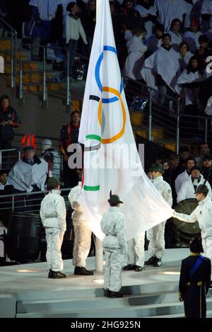 Turin Italy 26-02-2006: Turin 2006 Olympic Winter Games, closing ceremony of the Olympic Games,the Olympic flag Stock Photo