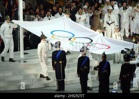 Turin Italy 26-02-2006: Turin 2006 Olympic Winter Games, closing ceremony of the Olympic Games,the Olympic flag Stock Photo