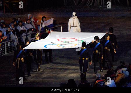 Turin Italy 26-02-2006: Turin 2006 Olympic Winter Games, closing ceremony of the Olympic Games,the Olympic flag Stock Photo