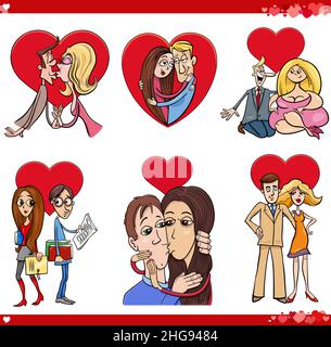 Cartoon illustration of comic couples in love on Valentines Day set ...
