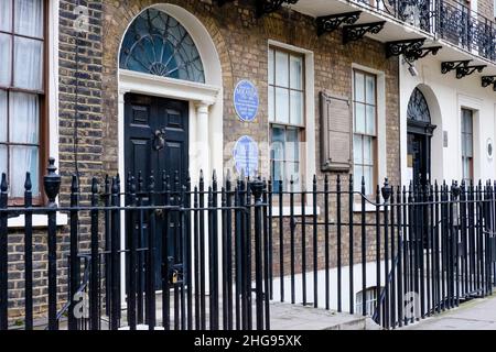 English Heritage blue plaques at 58 Grafton Way, London commemorating Francisco De Miranda and Andres Bello who both lived in the house in the 1800s. Stock Photo