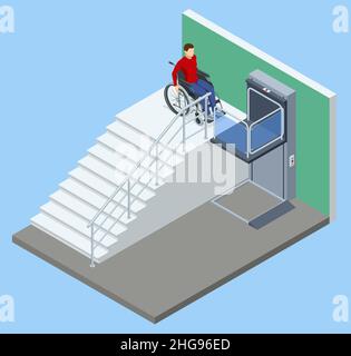 Isometric modern wheelchair lift near the building. The special elevator for the disabled. Adaptation for people with disabilities, disabled people Stock Vector