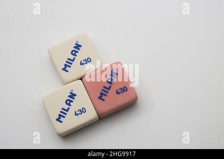2022. Spain. Close up of three white and pink Milan model 430 erasers isolated on white background with copy space Stock Photo