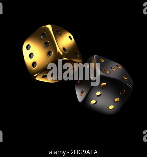 golden and black dice on a black background. 3d rendering. Stock Photo