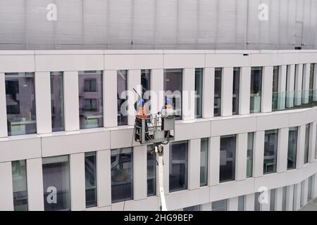 Two workers wearing safety harness wash office building facade at height standing in a crane cradle or aerial platform using pressure washer and mops Stock Photo