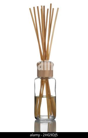 Home fragrance diffuser with wooden sticks on white background Stock Photo