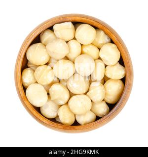 Shelled and dried macadamia nuts, in a wooden bowl. Also called Queensland, bush, maroochi, bauple or Hawaii nut. Wholesome snack. Stock Photo
