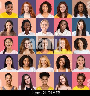 Female diversity collage. Closeup photos of multiethnic ladies posing at studio backgrounds Stock Photo