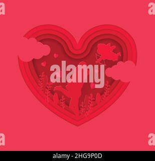 Red heart paper cut style vector illustration. Origami clouds, hearts cupid, couple silhouette. Stock Vector
