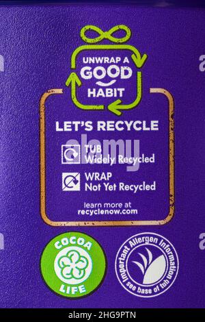 Unwrap a good habit recycling information and cocoa life symbol logo on tub of Heroes chocolates sweets - disposal recycling recycle logo symbol Stock Photo