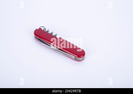 Multipurpose knife isolated on white with all neccessary tools all in one Stock Photo
