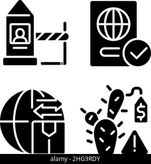 Borders control measures black glyph icons set on white space Stock Vector