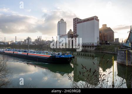 Krefeld  - View from rear side of the turnbridge, towards the inner Harbour area with Blue Sky at Wintertime, North Rhine Westphalia, Germany18.01.202 Stock Photo