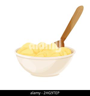 Ghee in bowl with wooden spoon Asia traditional butter in cartoon style isolated on white background. Organic, vegetarian food, ingredient. . Vector illustration Stock Vector
