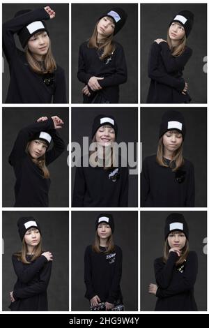 Collage of photographs of a teenage girl in dark clothes on a gray background in different poses of the model. Stock Photo