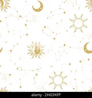 Trendy astrology seamless pattern, zodiac background hand drawn, stars, moon, space, great for textiles, wallpapers, surfaces - vector design Stock Vector