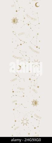 Trendy astrology seamless pattern, zodiac background hand drawn, stars, moon, space, great for textiles, wallpapers, surfaces - vector design Stock Vector