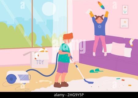 Children help mom with housekeeping vector illustration. Cartoon cute little kids sweep dust and clean floor and carpet in room with vacuum cleaner, girl and boy doing housework. Cleanup work concept Stock Vector