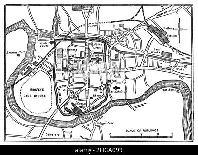 Black and White Illustration; Map of the City of Chester Circa 1880 Stock Photo