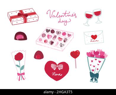 Set of romantic Valentines Day elements, hand drawn stickers Stock Vector