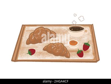 Illustration of two croissants with a cup of coffee and strawberries Stock Vector