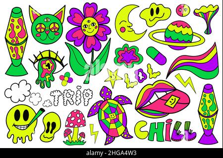 Psychedelic neon trip hipster set stickers. Retro 70s, hippie stickers, groovy sticker elements. Cartoon funky flowers, rainbow, acid hippy style Stock Vector