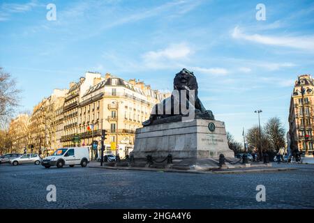 Statue of the Lion of Belfort, Place Denfert Rochereau, Paris Stock Photo