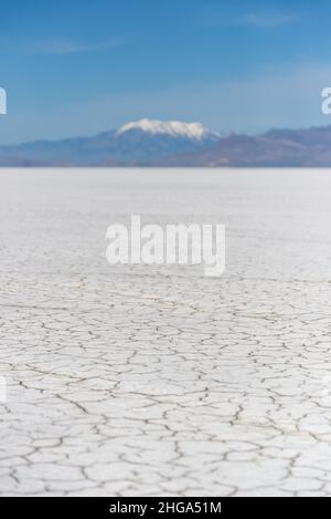 The cracked, white Bonneville Salt Flats. A dry landscape that used to be an ancient lake. Location of a national racing event. Fantasy landscape. Stock Photo