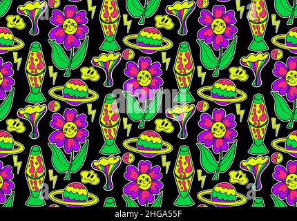 Psychedelic neon trip seamless pattern. Retro 70s groovy repeating texture. Cartoon funky flowers, rainbow, acid hippy style background. vector Stock Vector