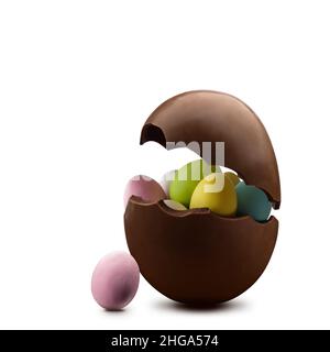 Broken chocolate easter egg with colorful eggs inside, on white background Stock Photo