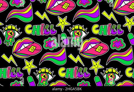 Psychedelic neon trip seamless pattern. Retro 70s groovy repeating texture. Cartoon funky flowers, rainbow, acid hippy style background. vector Stock Vector