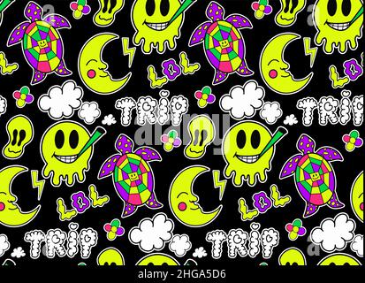 Psychedelic neon trip seamless pattern. Retro 70s groovy repeating texture. Cartoon funky flowers, rainbow, acid hippy style background. vector Stock Vector