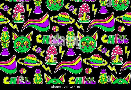 Psychedelic neon trip seamless pattern. Retro 70s groovy repeating texture. Cartoon funky flowers, rainbow, acid hippy style background. vector Stock Vector