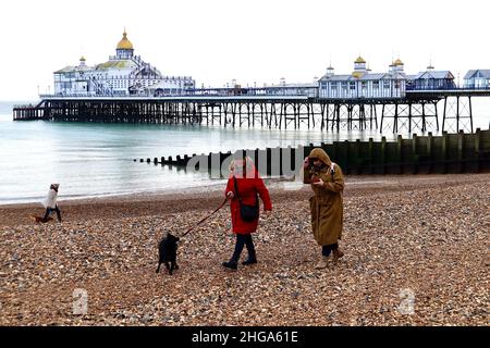 Eastbourne, East Sussex, UK. 19 Jan, 2022. UK Weather: Eastbourne seafront promenade and pier with people enjoying a late afternoon stroll and the fresh air. Women walking on the beach with dogs. Photo Credit: Paul Lawrenson /Alamy Live News Stock Photo