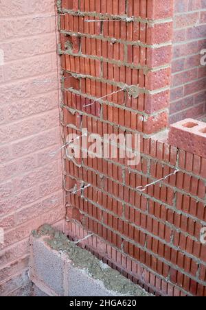 A cavity wall under construction showing metal brick or wall ties in position Stock Photo