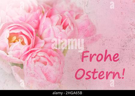Pink tulip flowers with text: Happy Easter in german, distressed grunge effect, nostalgic greeting cards template. Stock Photo