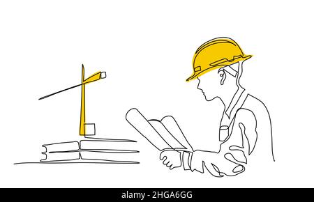 Architect man holding building plan and wearing yellow hardhat. Construction crane on background. One continuous line art drawing vector sketch of Stock Vector