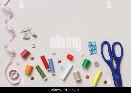 Top view of sewing tools and accessories Stock Photo