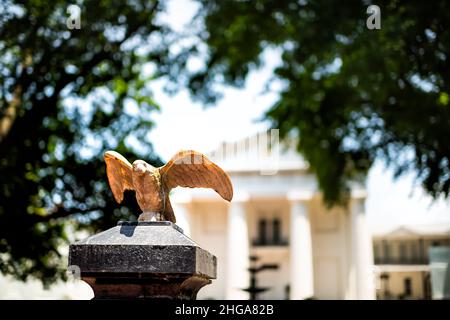 Little Rock, USA - June 4, 2019: Old State House Museum capitol building with white columns architecture and closeup of gold Stock Photo