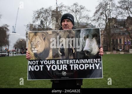 Old Palace Yard, London, UK. January 19th 2022. WRATH 2022 Part 1 protest against against legally Safari Club International Celebrates killing endangered animals in United States, legally Trophy Hunting as spot and fun. Also of UK government legalize animal cruelty, animals culling, Trophy Hunting and dogs used experimental at Camp Beagle. The British have not rights to tell other nation of animal cruelty will we are doing its and legal be the government. Stock Photo