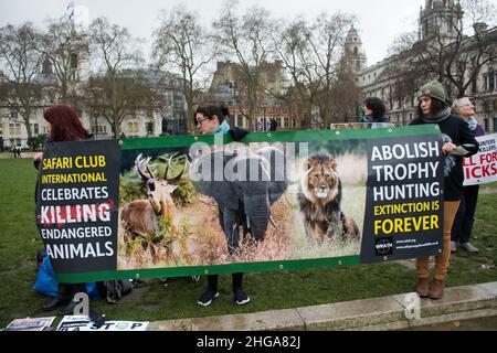 Old Palace Yard, London, UK. January 19th 2022. WRATH 2022 Part 1 protest against against legally Safari Club International Celebrates killing endangered animals in United States, legally Trophy Hunting as spot and fun. Also of UK government legalize animal cruelty, animals culling, Trophy Hunting and dogs used experimental at Camp Beagle. The British have not rights to tell other nation of animal cruelty will we are doing its and legal be the government. Stock Photo