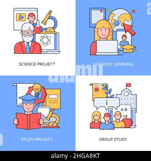 Learning and education - set of line design style colorful illustrations. Four detailed images on tuition topic. Scientific project, distance studying Stock Vector