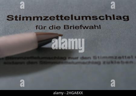 Rheinbach, Germany  12 September 2021,  A close-up view of a blue envelope for the federal election on September 26th Stock Photo