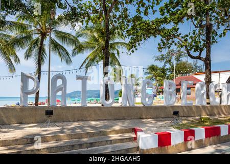 Patong beach sign in Phuket Island, Thailand. The big landmark sign of Phuket on the beach, a popular destination for tourists. Stock Photo