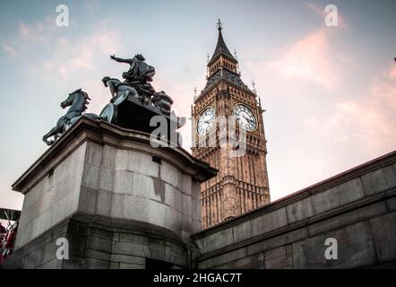 Big Ben is the nickname for the Great Bell of the striking clock at the north end of the Palace of Westminster in London, England. Stock Photo