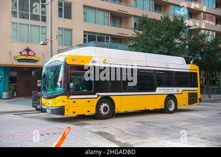 Dallas DART (Dallas Area Rapid Transit) bus on Main Street in downtown Dallas, Texas TX, USA. Stock Photo