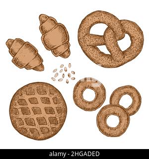 Set of bread baking on a white background. Wheat products. Rolls and bagels. Vector isolated hand drawn illustration Stock Vector