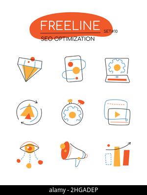 SEO optimization - modern line design style icons set in orange color. Online, schedule, smartphone, laptop, gears, video, visual analysis, calculatio Stock Vector