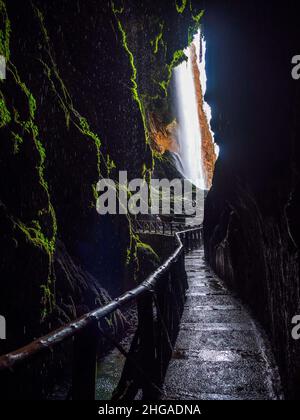 Waterfall at the end of an underground cave in the Monastery of Piedra Stock Photo