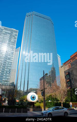 Giant Eyeball and Santander Tower at 1601 Elm Street in downtown Dallas, Texas TX, USA. Stock Photo
